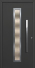 black front door with vertical handle and canadian maple wood timber insert